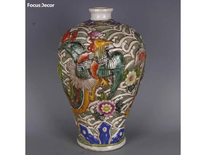 Qing Guangxu Vase gravé sculpté motif phénix rose Vase peint à la main Antique artisanat porcelaine ornements de maison Antique