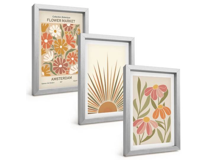 BILDER SET 3er Set - 20x30 cm Silberner Rahmen - Pastellfarbene Sonnenblumen
