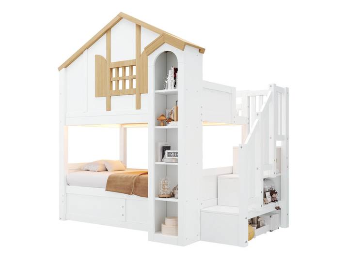 Flieks Etagenbett Massivholz LED Stauraumtreppe 90x200 Hausbett Weiß, Holz, 90x200 cm, Babymöbel & Kindermöbel, Kinderzimmer & Jugendzimmer, Stockbetten