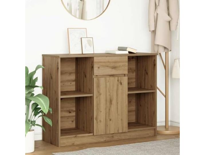 RJPLMFV Anrichte Eiche 101 x 35 x 76 cm Holz Technik Tür, 2 Einlegeböden, Schublade, Montage personalisierbar, Wandbefestigung inklusive