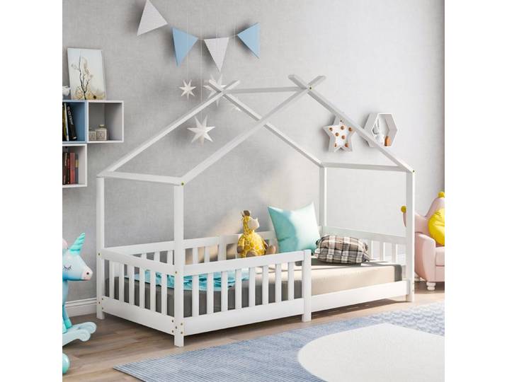 Lit cabane enfant - MERAX - Cabane Montessori 90x200 - Bois massif FSC - Sommier à lattes - Blanc