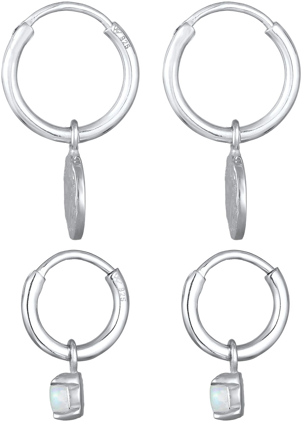 Ohrstecker-Set ELLI "Ohrringe Creolen Plättchen Opal Edelstein 2er Set 925 Silber" Gr. 22, silber, Ohrringe, Damen, 22,mit Stein, Silber 925 (Sterlingsilber)