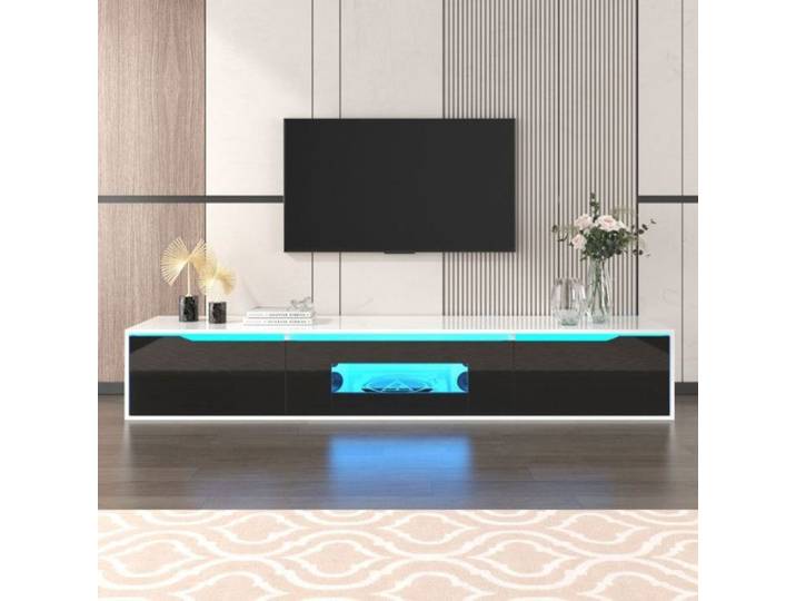 Meuble TV 180 cm brillant avec lumière LED à couleurs changeantes noir et blanc MEUBLE TV