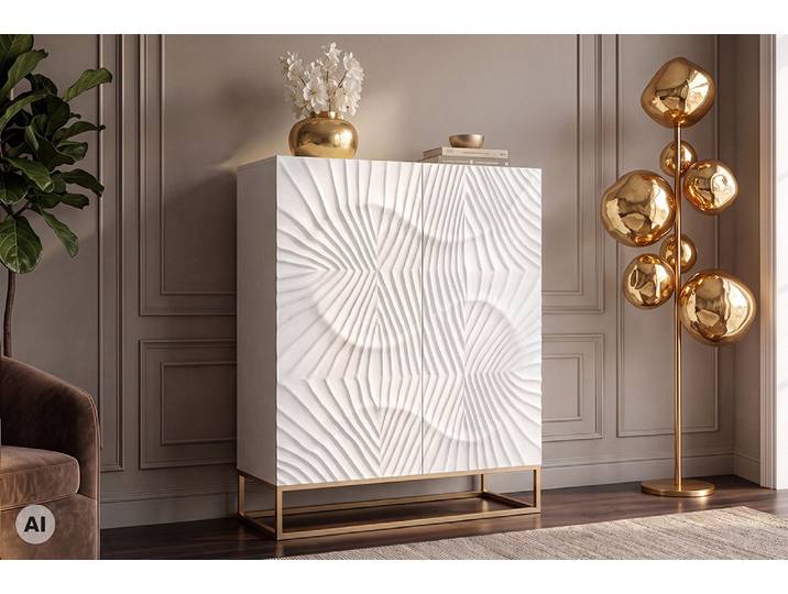 Massives Highboard SCORPION 120cm weiß Mangoholz mit 3D Schnitzereien gold Metall Modern & Design