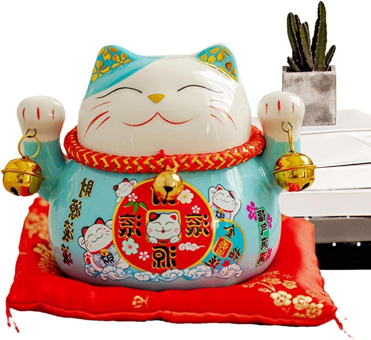 Maneki Neko Gelukskat Beeld - Blauw - 114 cm