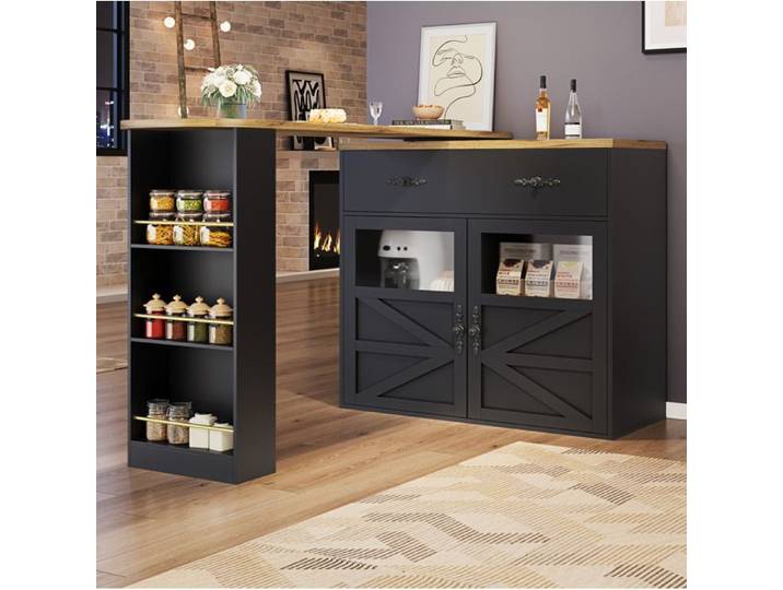 WOVREO Bar extensible rotatif 360° 138-204 x 39 x 104 cm avec rangement MDF noir
