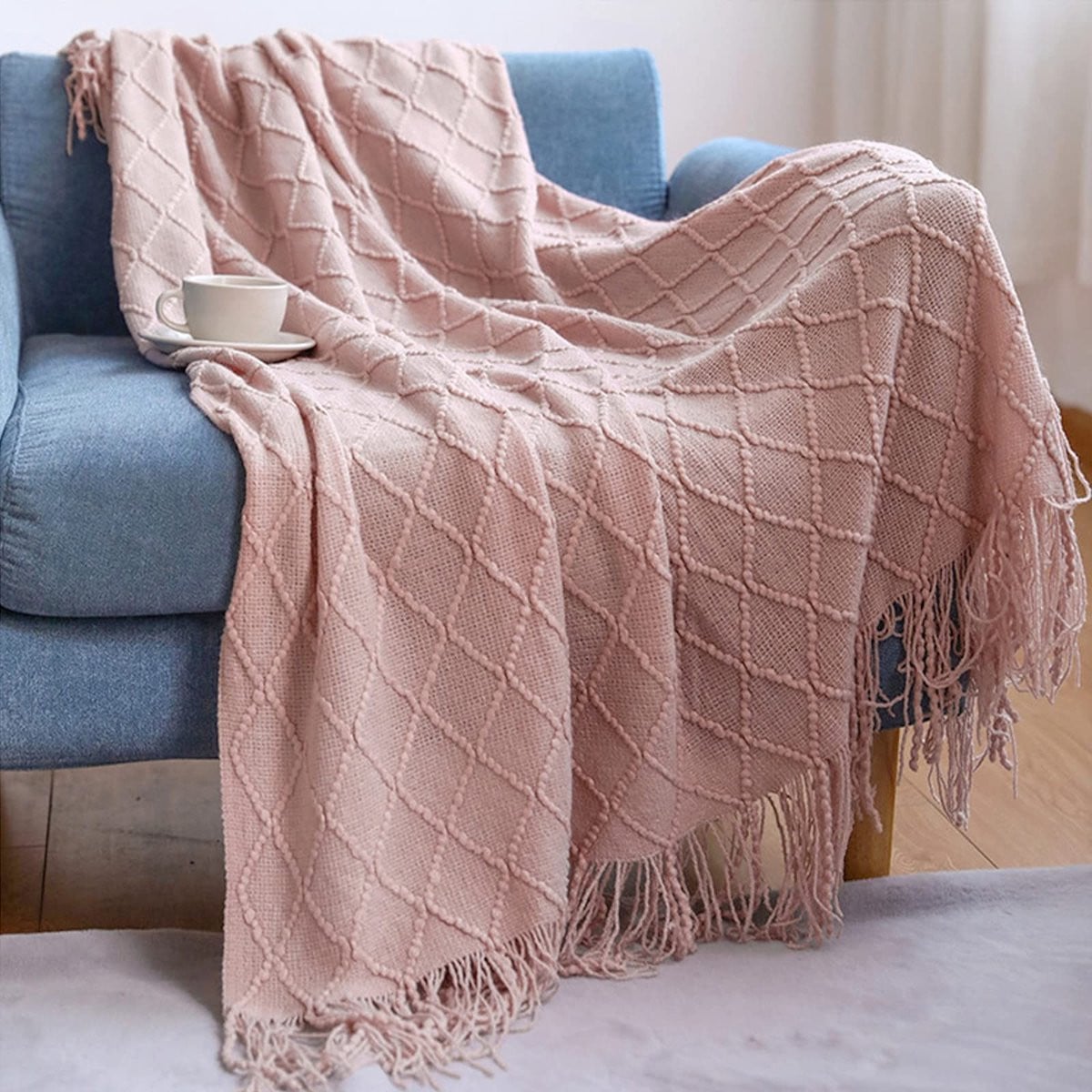 Elzusha Gebreid Plaid met Franjes Scandinavisch Roze 130 x 230 cm
