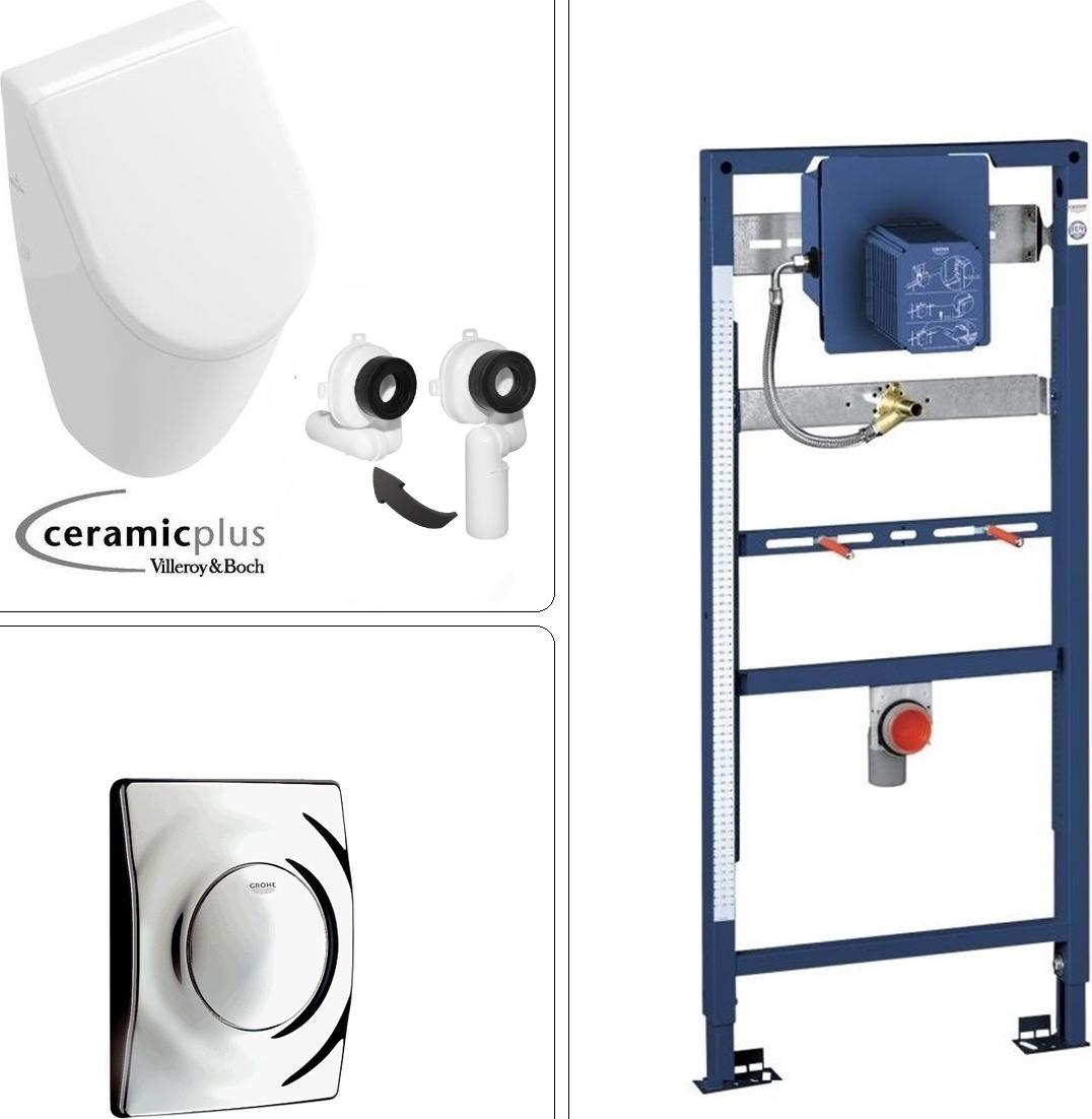 VILLEROY & BOCH SUBWAY Urinal mit CeramicPlus Beschichtung + SoftClose Deckel & GROHE Vorwandgestell + Betätigungsplatte, chrom