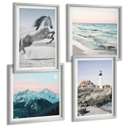BILDER SET 4er Set - 50x50 cm & 40x60 cm Silberner Rahmen - Pferde, Bewegung, Strand, Leuchtturm, Berge