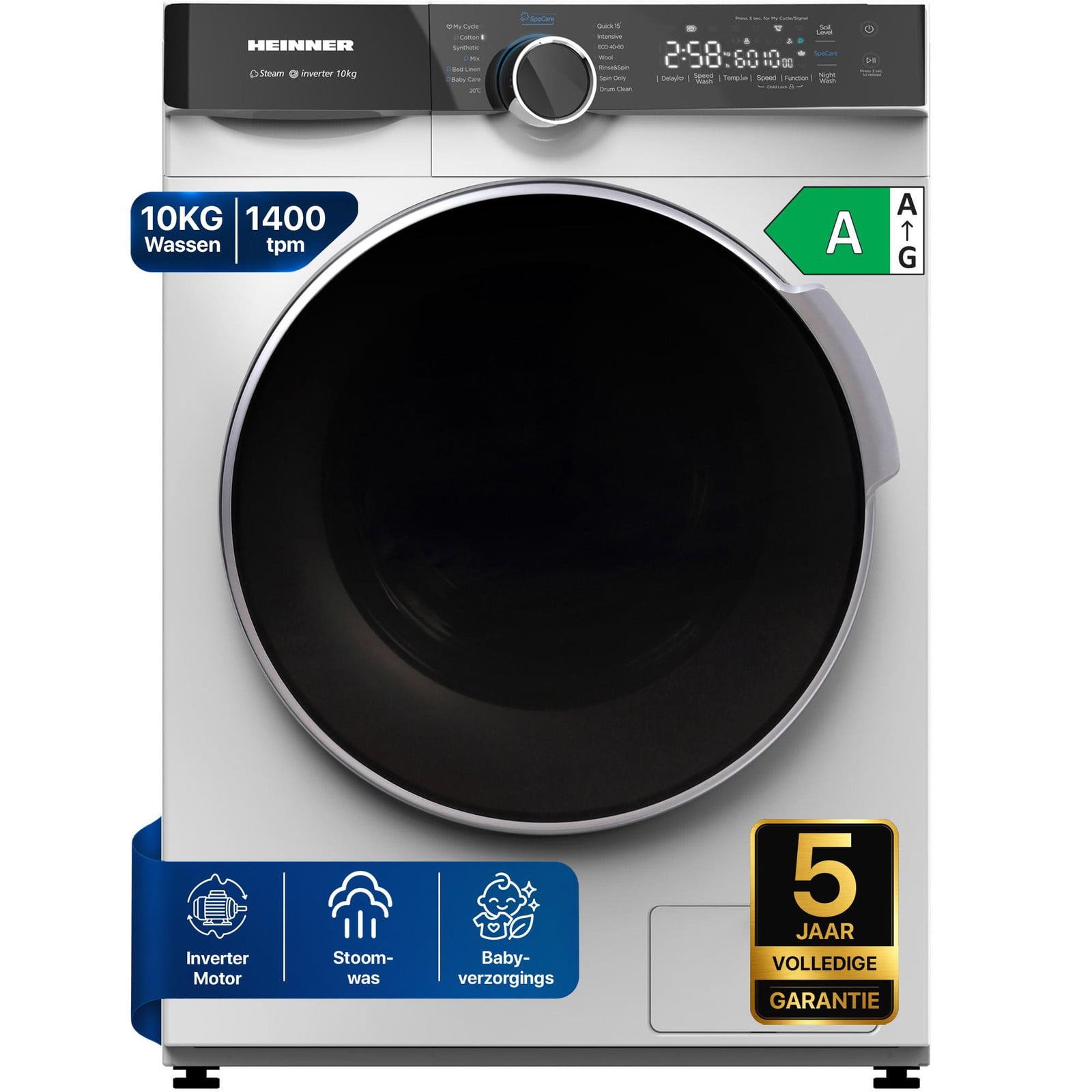 Heinner HWM-M1014IVKA Voorlader Wasmachine 10 kg, 1400 tpm, Stoom, SpaCare, Wit
