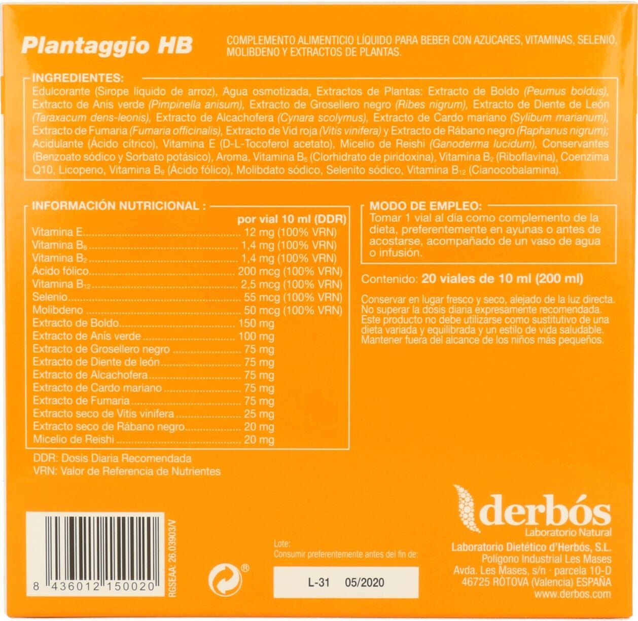 DERBOS plantaggio hb 20 ampollas