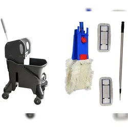 CleanSV Reinigungswagen Wischset Profi Laschenmop black 50 cm - 24 Liter 3 x Laschenmop, 1 x Laschenmophalter 1 x Teleskopstiehl