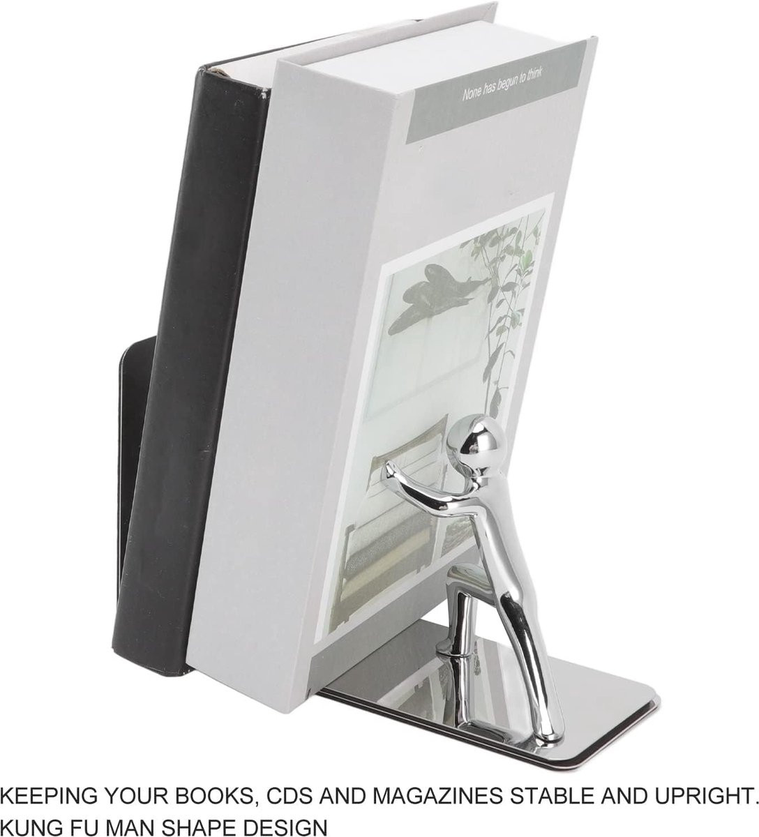 Decoratieve zilverkleurige boekensteunen met Kung Fu Man design voor je thuiskantoor of studeerkamer