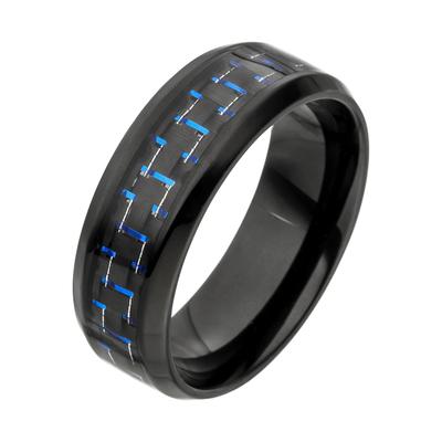 Fingerring JOBO Gr. 58, blau, Fingerringe, Herren, 58, Carbon Edelstahl, Carbon, Edelstahl, Fingerring, Edelstahl schwarz beschichtet mit Carbon-Einlage