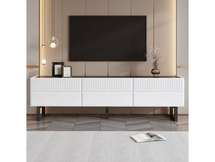 Meuble TV - KOMHTOM - 170x35x47 cm - 3 tiroirs - Noir/Blanc laqué - Pieds métal