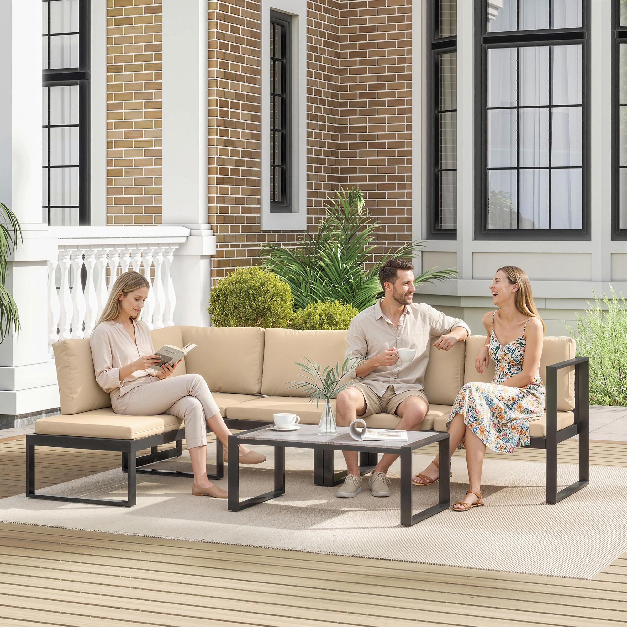 Gartenmöbel-Set 4-teilig modular Balkon Terrasse, Outdoor-Sofa-Set Stahl Polyester, Khaki | 247x152x65 cm | bis 240 kg | 10 cm Polster