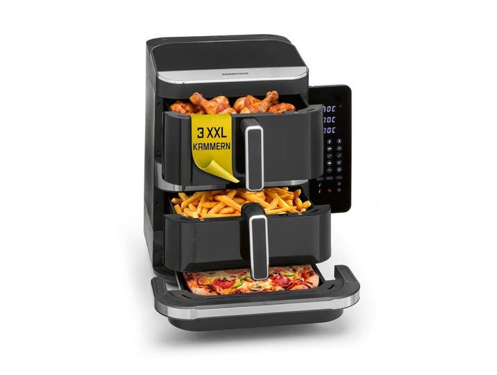 GOURMETmaxx Heißluftfritteuse GOURMETmaxx Heißluft-Fritteuse 2800W schwarz Doppelkorb vertikal 4l + 6l mit Pizzafach, 2800 W, Heissluftfritteuse XXL, ohne Öl, für Fritteusen Pizza etc.