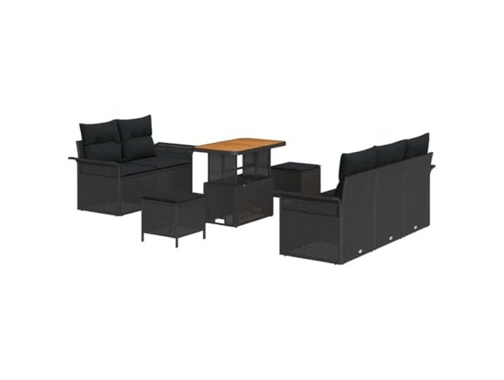 Gartensofas Set aus Polyrattan 8 Elemente für 7 Personen Schwarz UV-beständiges Polyrattan, pulverbeschichteter Stahl, Tischplatte aus Akazien, wasserabweisende Bezüge, modulare Arrangement