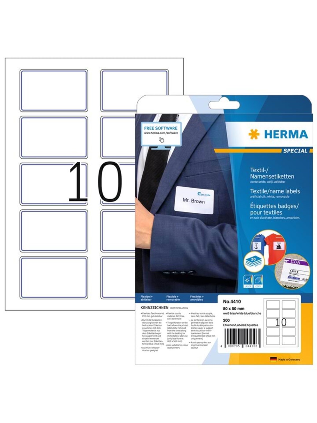 HERMA Namensetiketten, ablösbar, A4, 80,0 x 50,0 mm, weiß blauer Rand, trennbar, Acetatseide, bedruckbar
