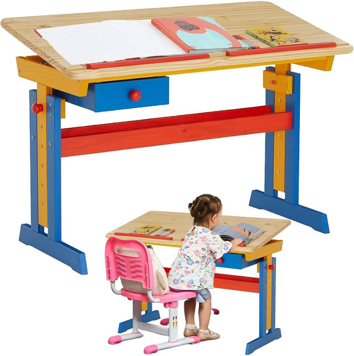 Verstelbaar houten kinderbureau en tekentafel voor jongens en meisjes