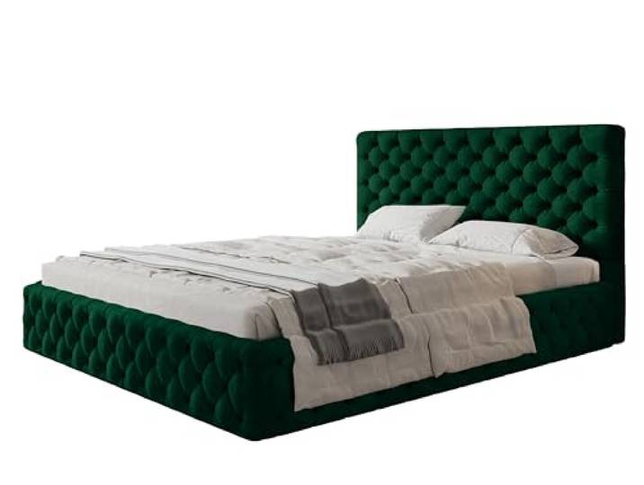 AlpiMeble Polsterbett 140x200, Kronos-Stoff, Holzrahmen, Grün Bett, Betten mit Bettkasten, Modern Betten, Weicher Stoff, Kollektion Slim Miami