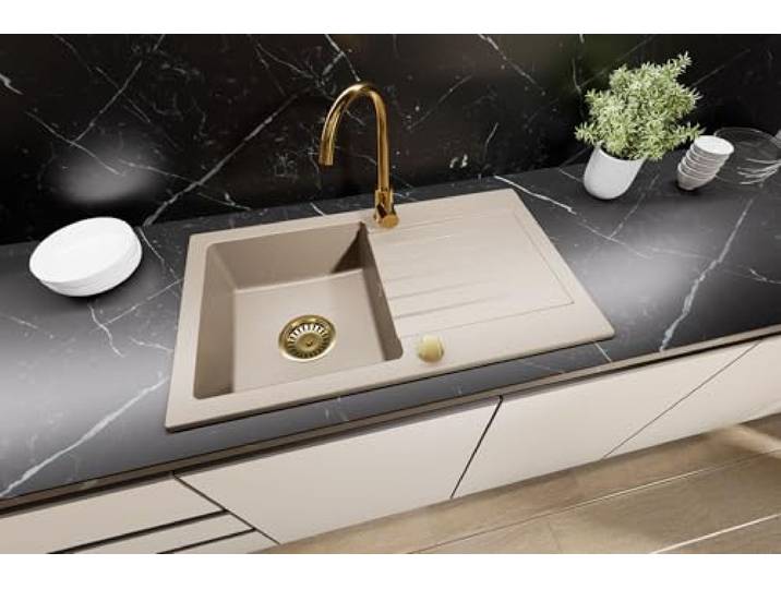 Faizee Home Granitspüle Beige mit Gold Armatur – Küchenspüle 75x44 cm Inkl. Siphon-Set Gold Reversibel, kratzfest & hitzebeständig Spülbecken für Unterschrank ab 45 cm