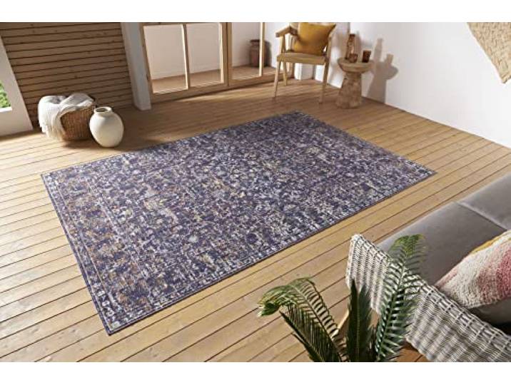 Nouristan Sues In- & Outdoor Orient Teppich – Orientalischer Kurzflor Vintage Used Look Waschbar Wetterfest & UV-beständig für Balkon, Terrasse, Garten, Wohnzimmer – Grau Multicolor, 155x235cm