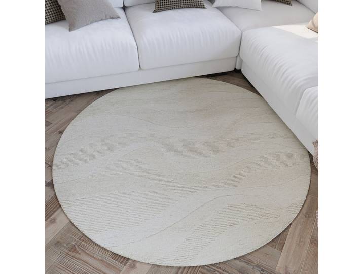 Wollteppich WECON HOME Hamptons THIRTYFOUR , beige (creme weiß), H:15mm Ø:200cm, Schurwolle, Teppiche, Wollteppich, Schurwolle, Kurzflor, Wohnzimmer, Schlafzimmer, elegant, Wellen-Muster