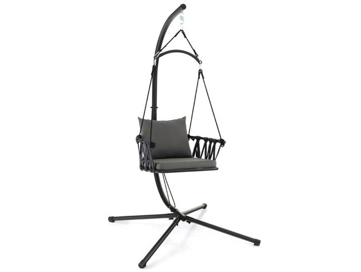 Chaise Suspendue Pliable Balançoire avec Support Coussin Oreiller Dossier en Corde Tissée 150KG MAX pour Intérieur Extérieur