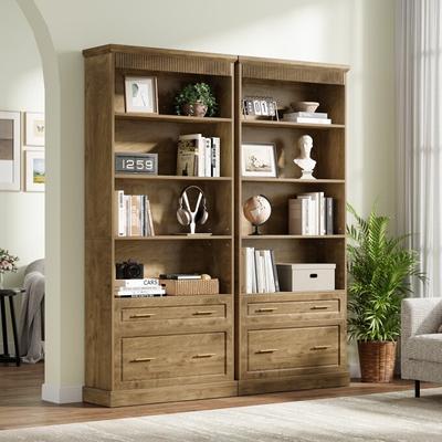 YUZHOU 5-tier Tall Modern Wood Bookcase Bookshelf with File Cabinet Drawer
