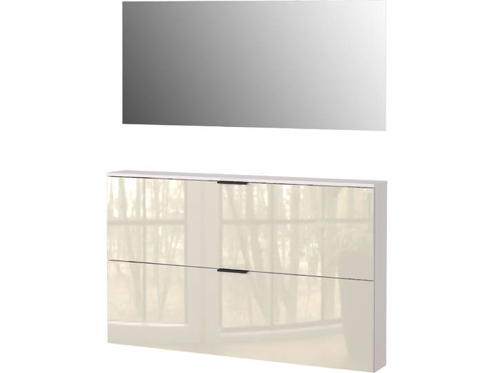 Garderoben-Set GERMANIA Valega , beige (kaschmir), B:140cm H:200cm T:19cm, Glas, Holzwerkstoff, Kastenmöbel-Sets, Garderoben-Set, inkl. Schuhschrank mit Glasfronten und Spiegel