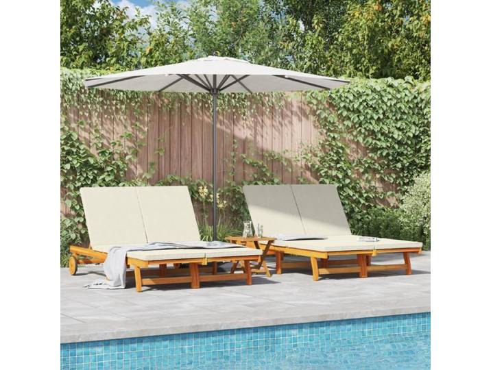 Chaise longue double avec des roulettes et un coussin en bois d acacia massif