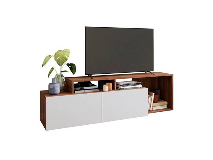 Meuble TV 50 Pouces - ACTUAL DIFFUSION - 2 Abattants - Blanc et Châtaignier - L 164 x H 46.5 cm
