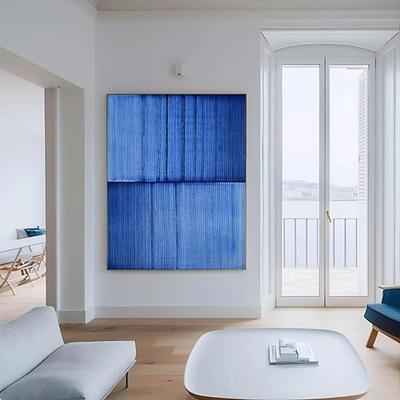 blaue minimalistische Malerei, blaue strukturierte Kunst, Boho-Malerei, blaue abstrakte Malerei, zeitgenössische minimalistische Wandkunst