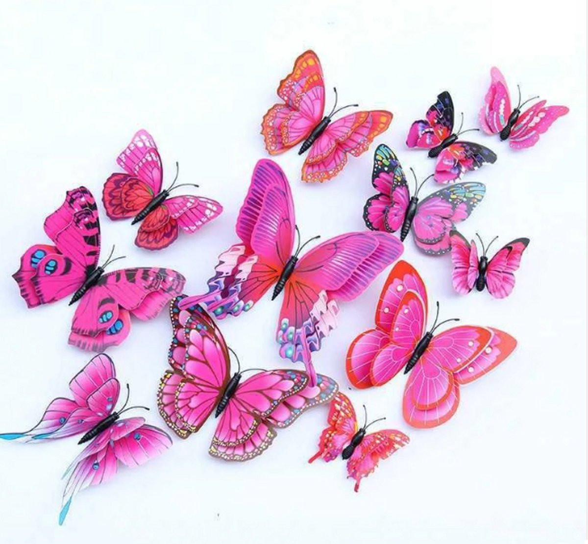 Set van 12 paarse 3D vlinders van plastic voor muurdecoratie