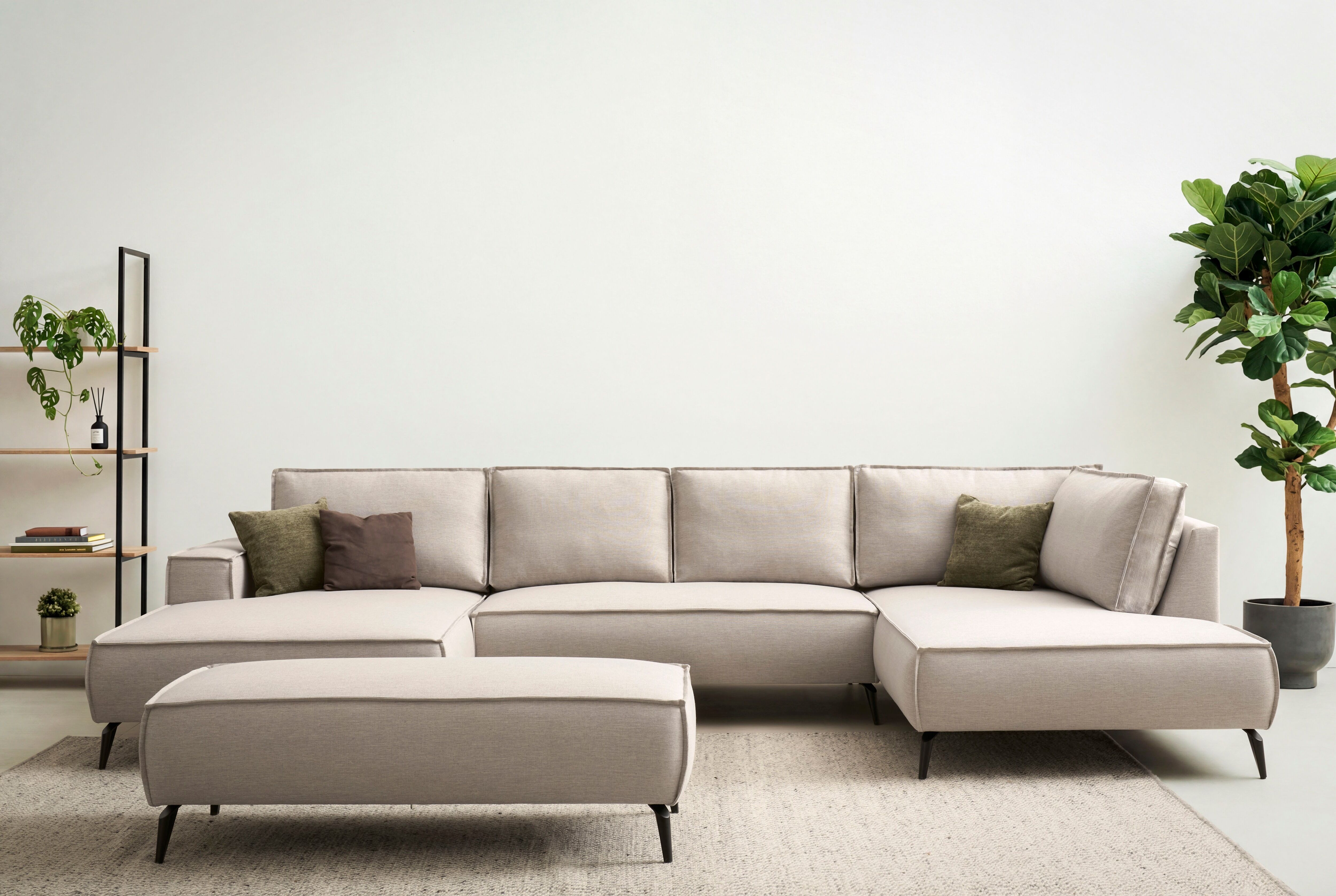 Wohnlandschaft GOODPRODUCT "TVINNU Leinenoptik, 354, mit Hocker", beige (hellbeige), B:360cm H:83cm T:193cm, Sofas, Wohnlandschaft, Recamiere rechts/links, stellbar zum Schlafsofa (Krokodilverbinder) hellbeige B/H/T: 360cm x 83cm x 193cm, Flachgewebe LEIN