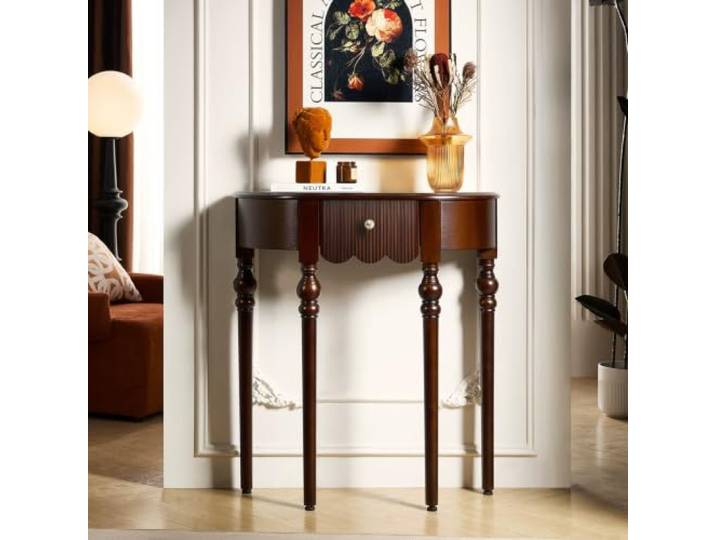 Massivholz Konsole Tisch mit geriffelten Schubladen für Eingangstisch FAS-Qualität Gummiholz, französischer Retro-Stil, schmal platzsparend, Flurkonsole Tisch(Walnut,35.4in/90cm)