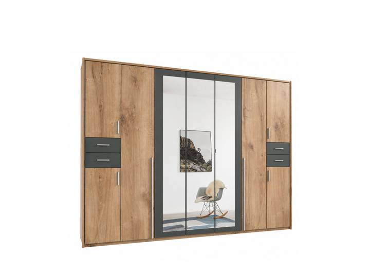 Drehtürenschrank Kleiderschrank 313cm Passepartout Spiegel Eiche Dekor, Grafit / 22582