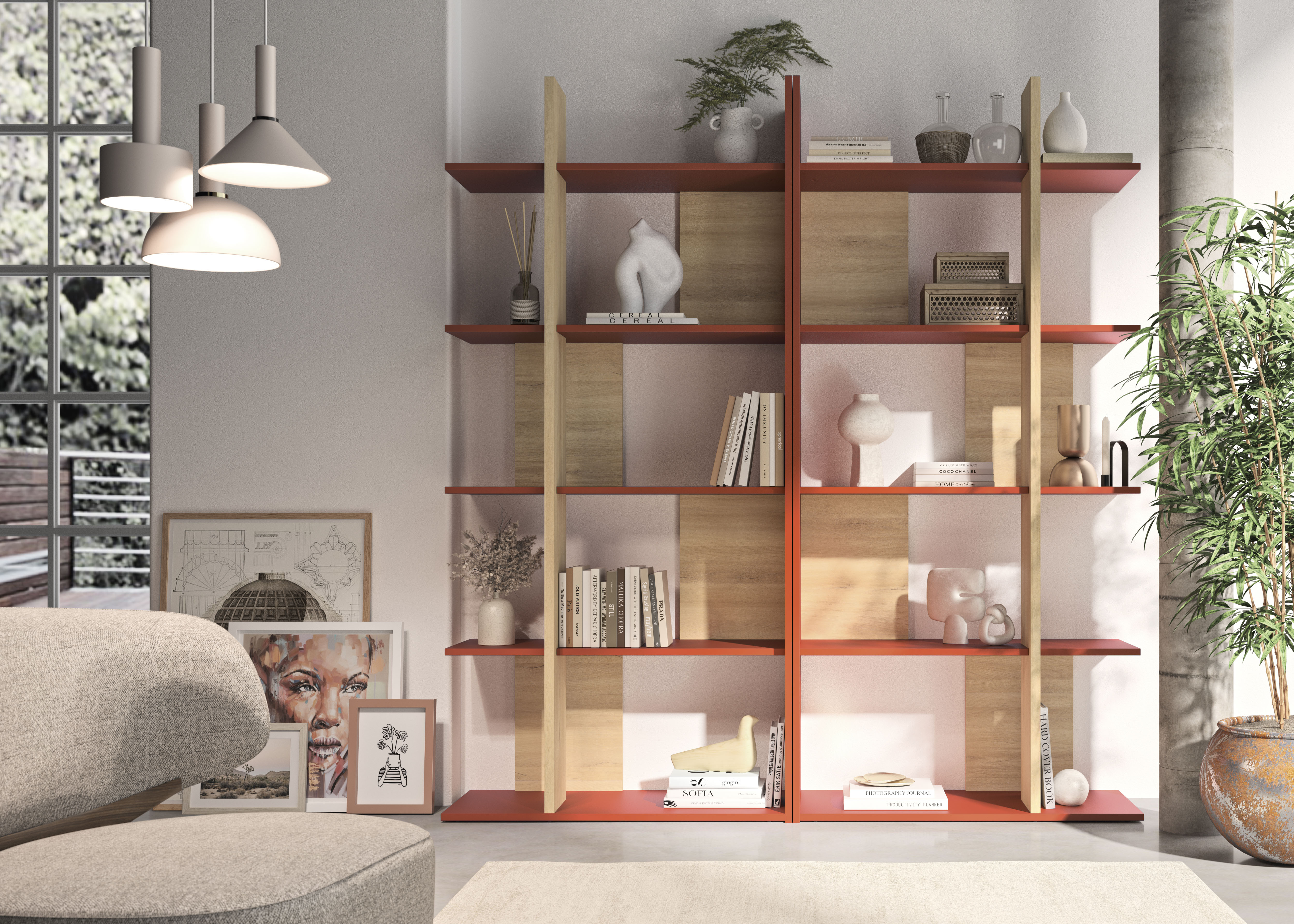 Raumteilerregal GAMI "OCRA", braun (terrakotta, eiche nachbildung), B:90cm H:190cm T:36cm, Holzwerkstoff, Regale, Raumteilerregal, Praktische Bibliothek oder Raumtrennung