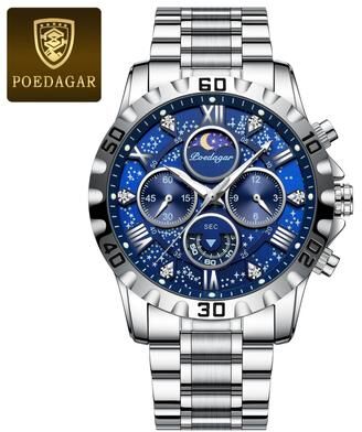 Youfap Market Premium Mens Chronograph Watch Waterproof Sports Stainless Steel Quartz Timepiece silver Blue