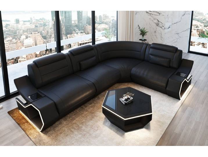 Sofa Dreams Ecksofa Pescara L Form Leder, 4-Sitzer, Kunstleder Premium, Schwarz, USB, LED, Ecke rechts