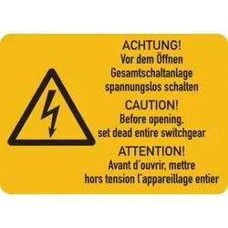Warnschild, Gesamtschaltanlage spannungslos schalten (3-sprachig), Folie - ISO 7010 - 52x37 mm Folie selbstklebend