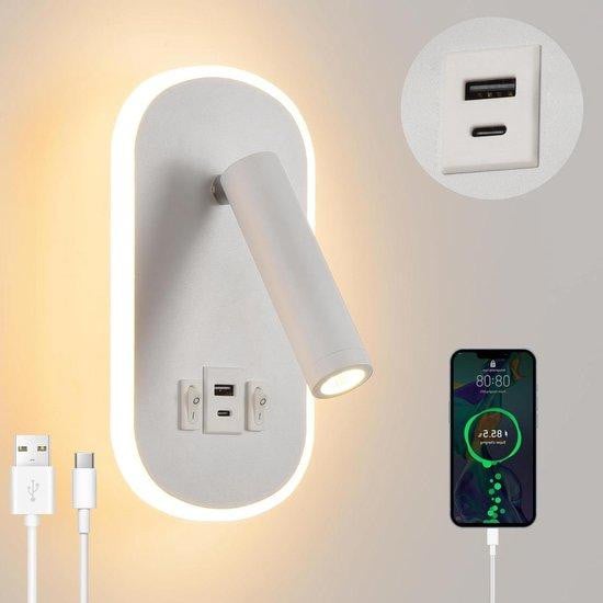 KUKAK Led Wandlamp met USB-poort voor lezen en accentverlichting, Wit