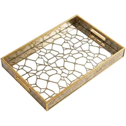 IvoQ Luxuriöses Tablett Gold - 30x45 cm - Rechteckiges Serviertablett mit Spiegel & Griffen - Dekoratives Plateau - Marmor- & Art-Déco-Look