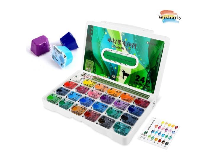 Marie's – ensemble de peinture Gouache en gelée, 24 couleurs, 30ml, avec 3 pinceaux, peinture Gouache pour débutants, recharge de Gouache remplaçable