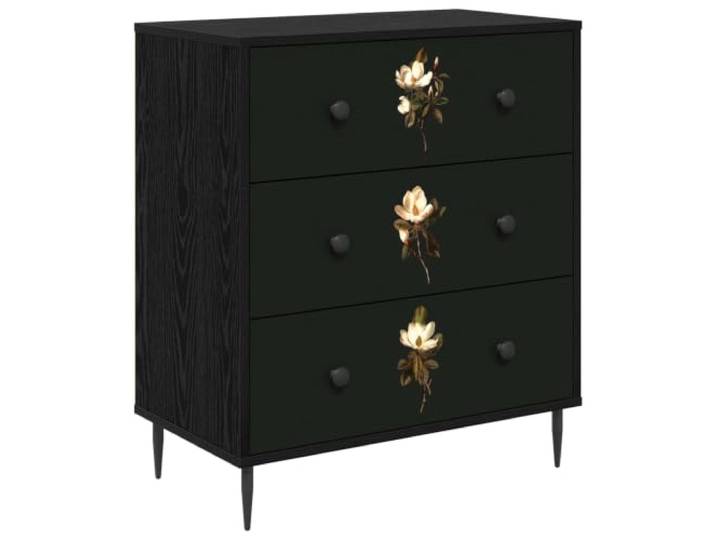 Favemtsl Kommode Bremen mit 3 Schubladen Holzwerkstoff 66x36,5x76 cm Stylischer Beistellschrank im Magnolienmuster für Schlafzimmer und Wohnzimmer mit pulverbeschichteten Stahlgriffen.