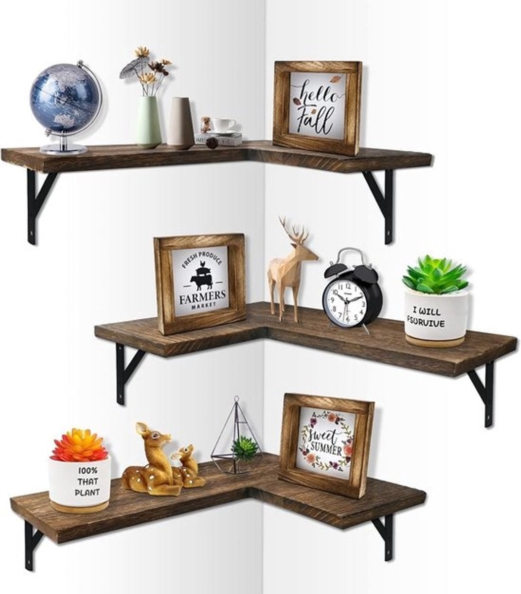 Set van 3 Rustieke Houten Hoekplanken voor Wandmontage voor Opslag en Decoratie