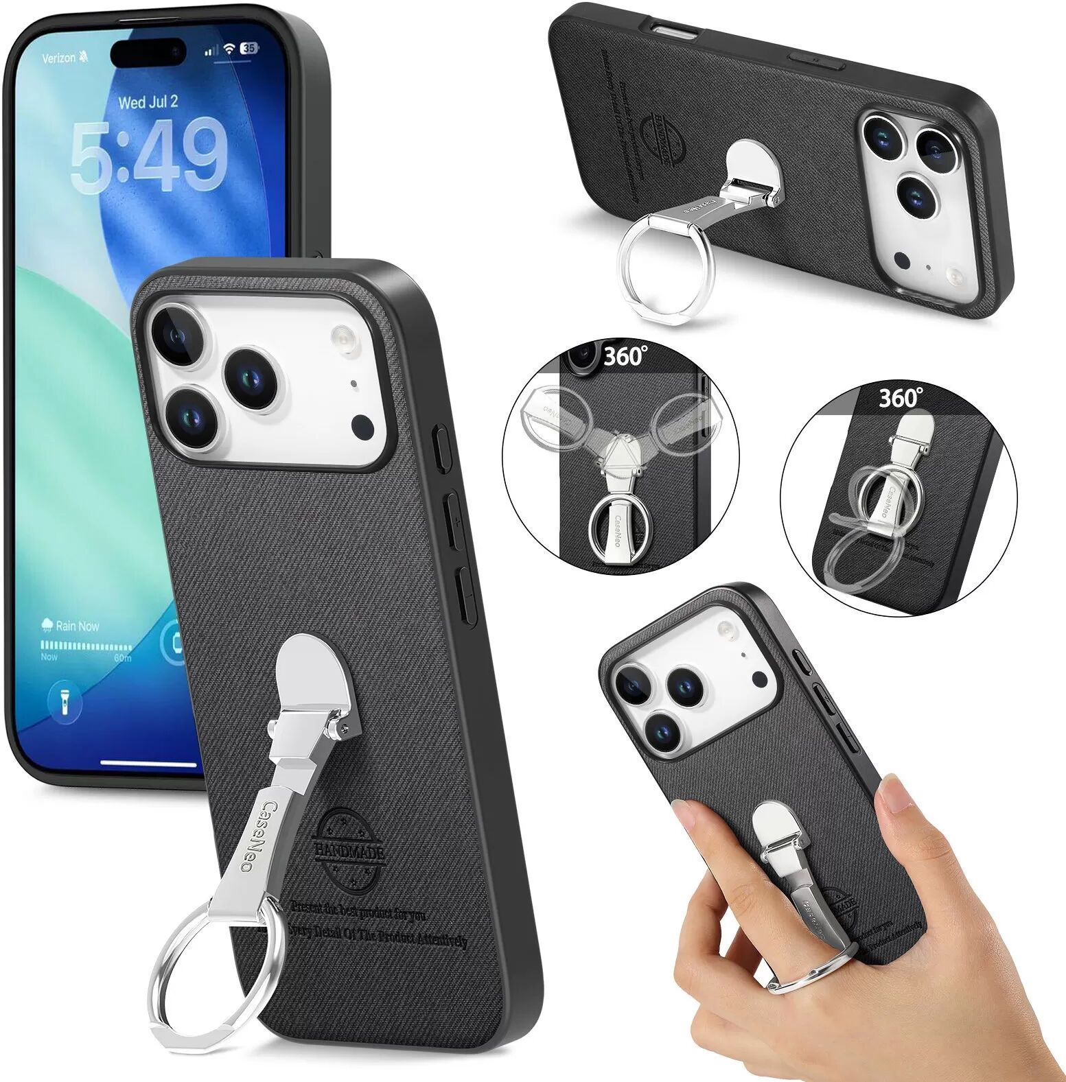 INF Schwarze PU-Lederhülle kompatibel mit iPhone 17 mit 360° drehbarem Ringständer