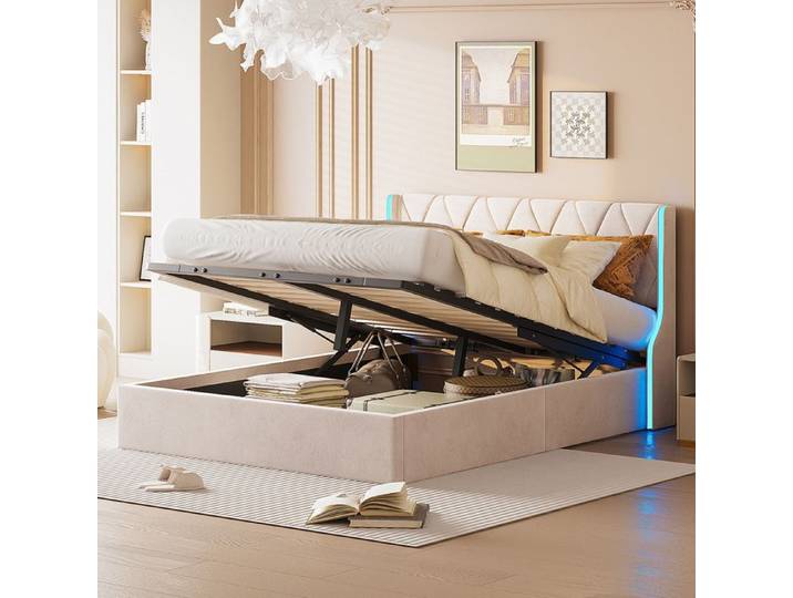 Lit coffre capitonné - MARQUE - 160x200 cm - LED - velours beige