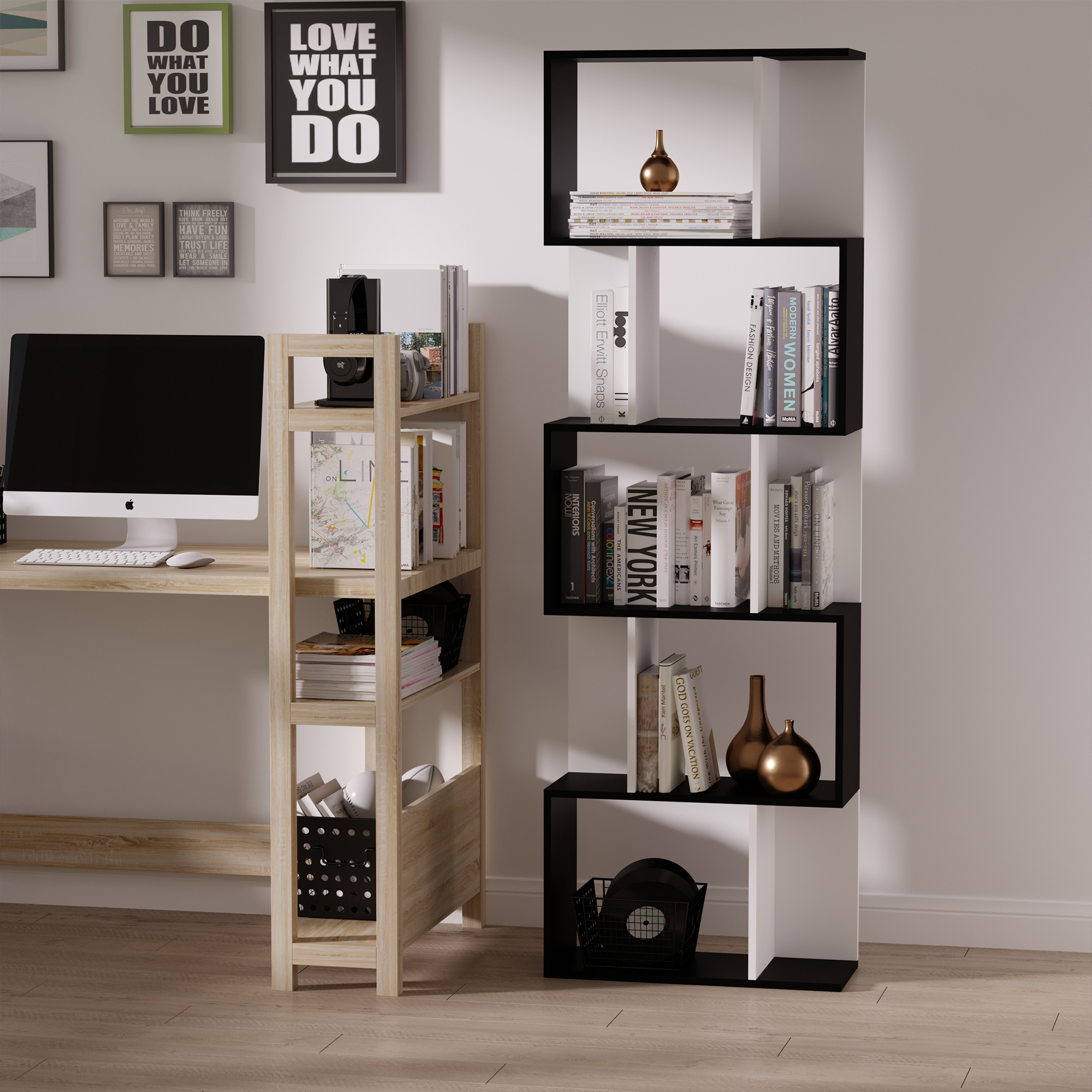 Homcom libreria in Legno, Scaffale a Ripiani, Mobile Contemporaneo, Bianco  nero 60 × 24 × 184.5cm Aosom